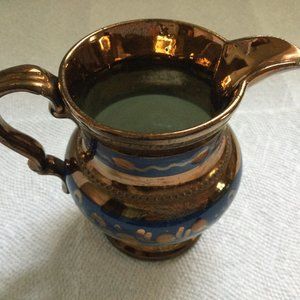 Vintage hand-painted jar jug pitcher brown blue ceramic marked 4" eb